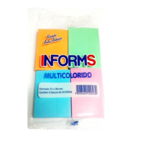 BLOCO ADESIVO ANOTE E COLE COLORIDO 38X51MM C/4X50FLS.  INFORMS