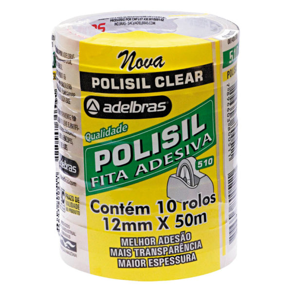 FITA ADESIVA TRANSPARENTE 12X50M POLISIL CLEAR PACOTE C/10 ADELBRAS