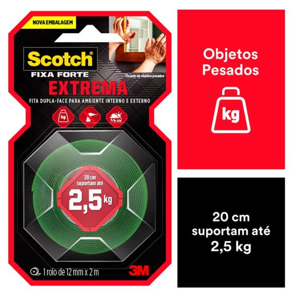 FITA DUPLA FACE FIXA FORTE FIXAÇÃO EXTREMA 12MMX1,4M SCOTCH 3M - Imagem 2